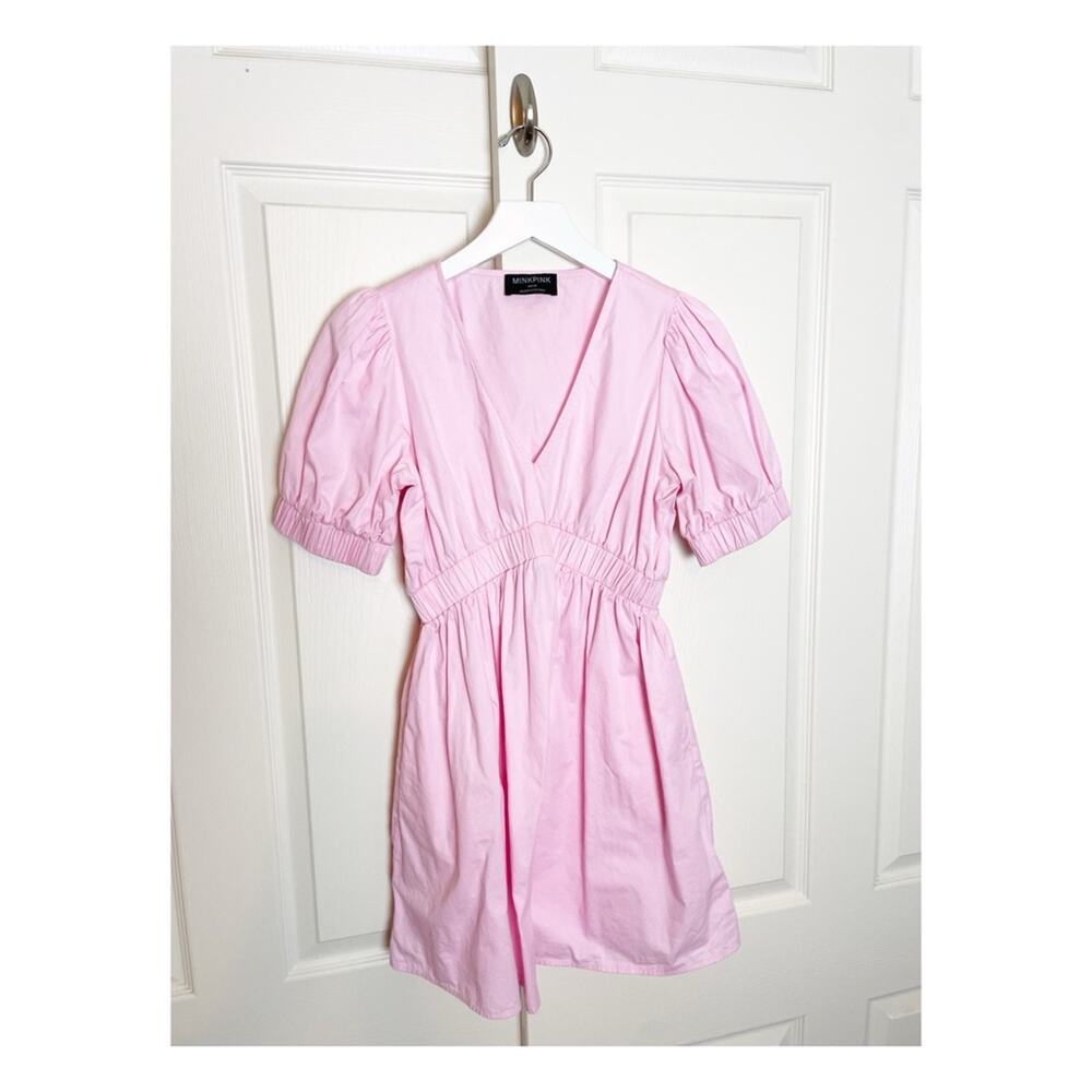 MINKPINK Lora Pink Empire Waist Mini Dress Puff Sleeve Cotton Sz M - Picture 3 of 11